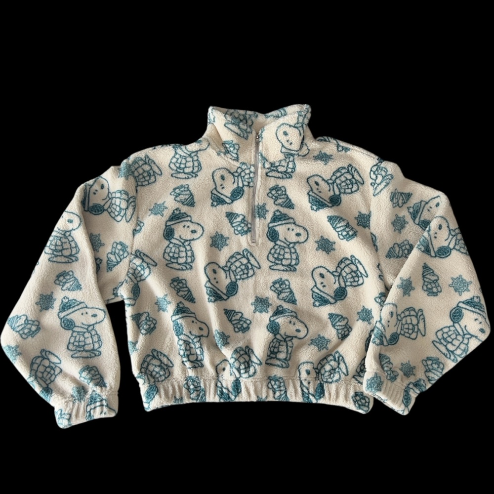 Peanuts Cropped Quarter Zip Plush Fleece Pullover w/Snoopy Print size Large NWT
